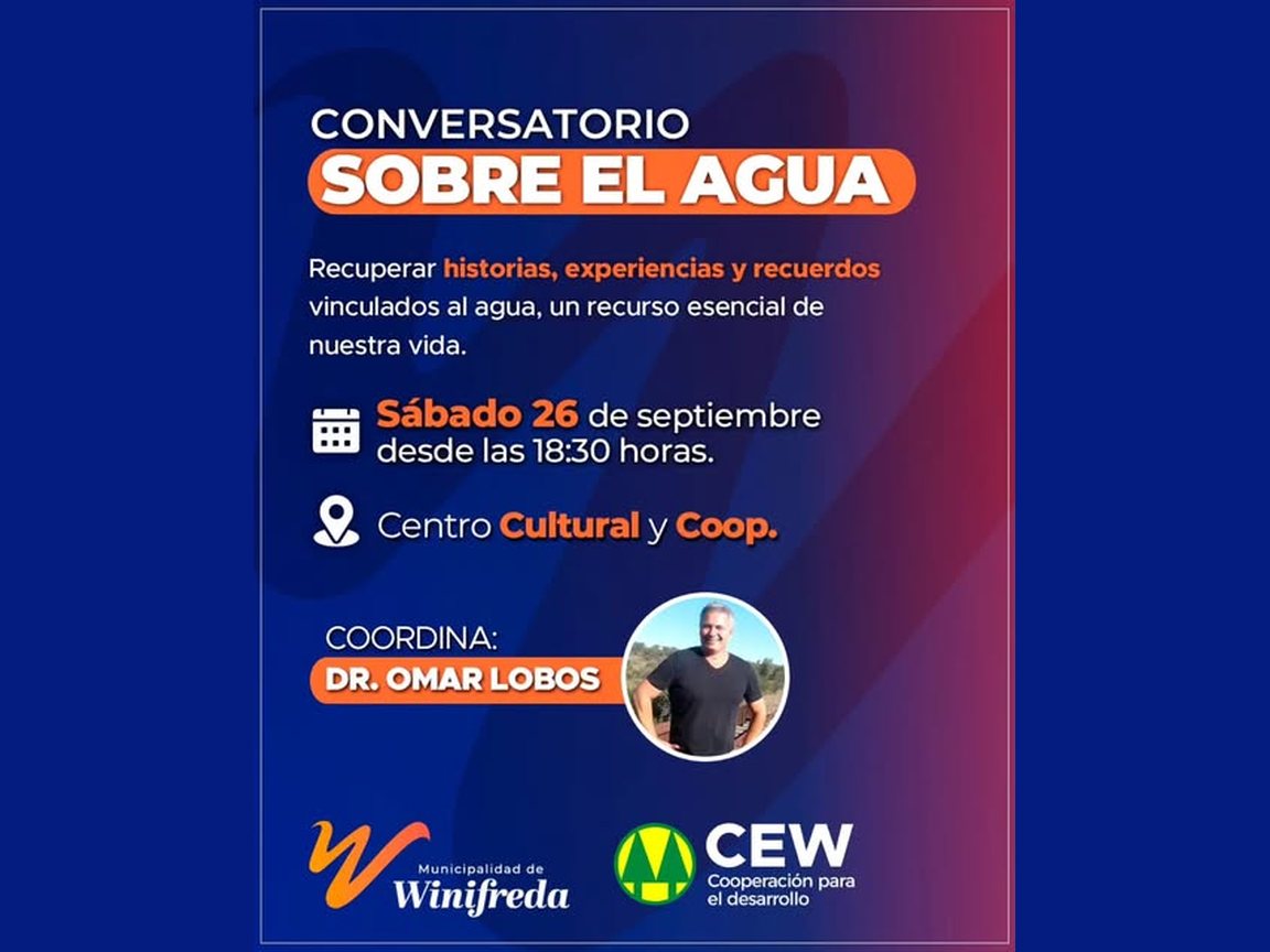 Afiche del Conversatorio sobre el agua: sábado 26 de septiembre desde las 18:30 en el Centro Cultural y Cooperativo
