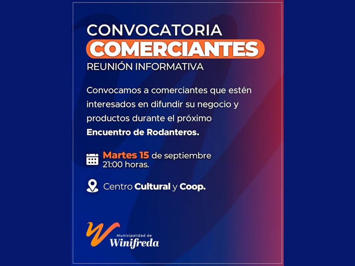 Afiche de la convocatoria a comerciantes para una reunión informativa sobre el Encuentro de Rodanteros