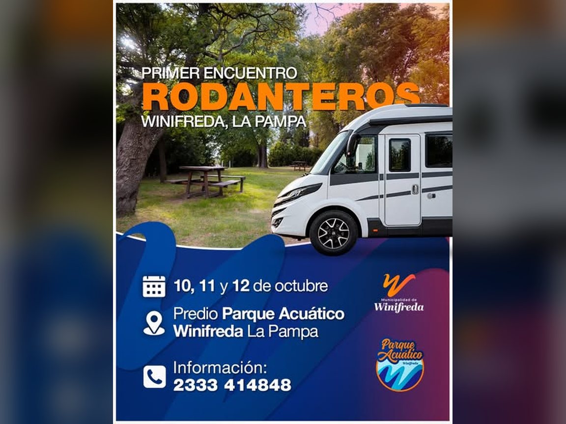 Afiche del Primer Encuentro de Rodanteros: 10, 11 y 12 de octubre en el predio del Parque Acuático de Winifreda, informes al 2333 414848