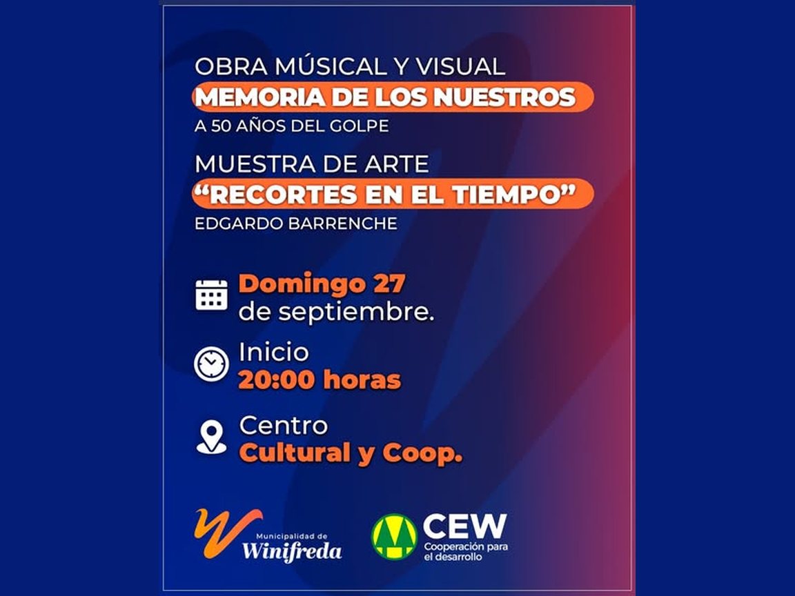 Afiche de la obra musical y visual “Memoria de los nuestros”, a 50 años del golpe, y de la muestra de arte “Recortes en el tiempo” de Edgardo Barrenche: domingo 27 de septiembre a las 20 en el Centro Cultural y Cooperativo
