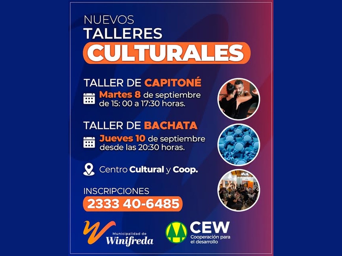 Afiche de los nuevos talleres culturales de Capitoné y Bachata en el Centro Cultural y Cooperativo