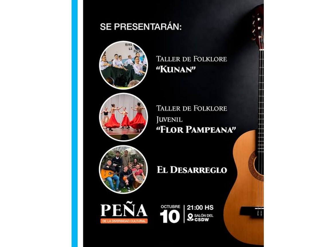 Artistas que se presentan en la Peña: Taller de Folklore Kunan, Flor Pampeana y El Desarreglo