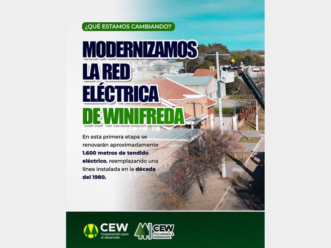 Afiche: modernizamos la red eléctrica de Winifreda, con un operario trabajando sobre la línea