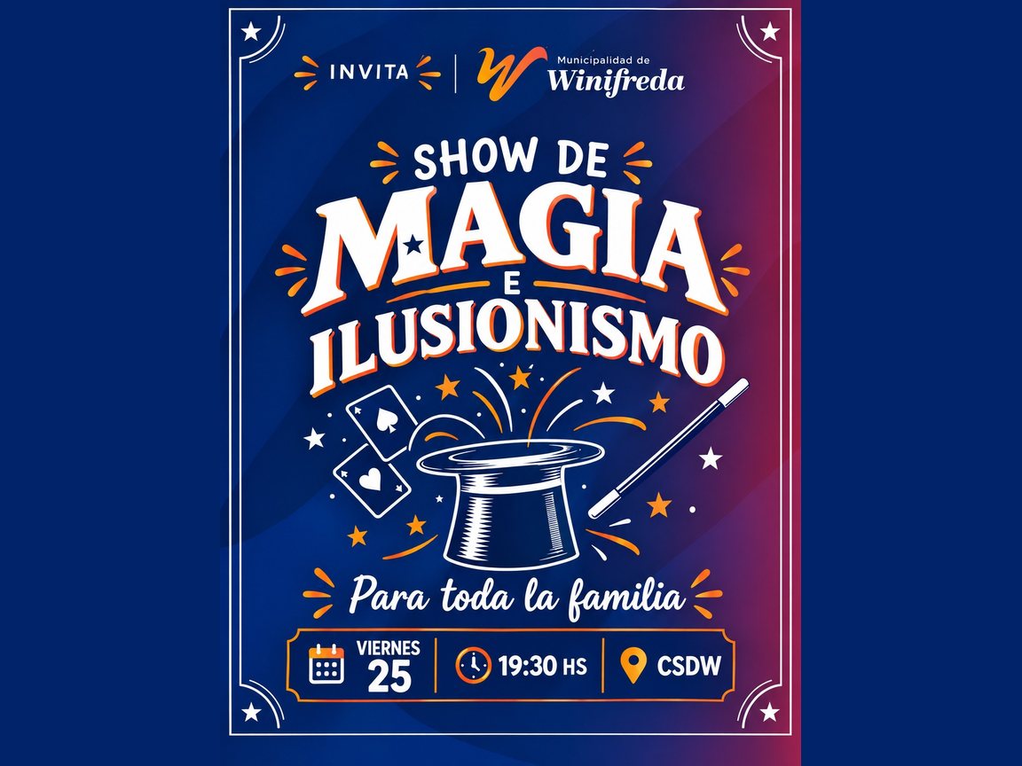 Afiche del Show de magia e ilusionismo para toda la familia, con una galera, una varita y cartas: viernes 25 a las 19:30 en el CSDW
