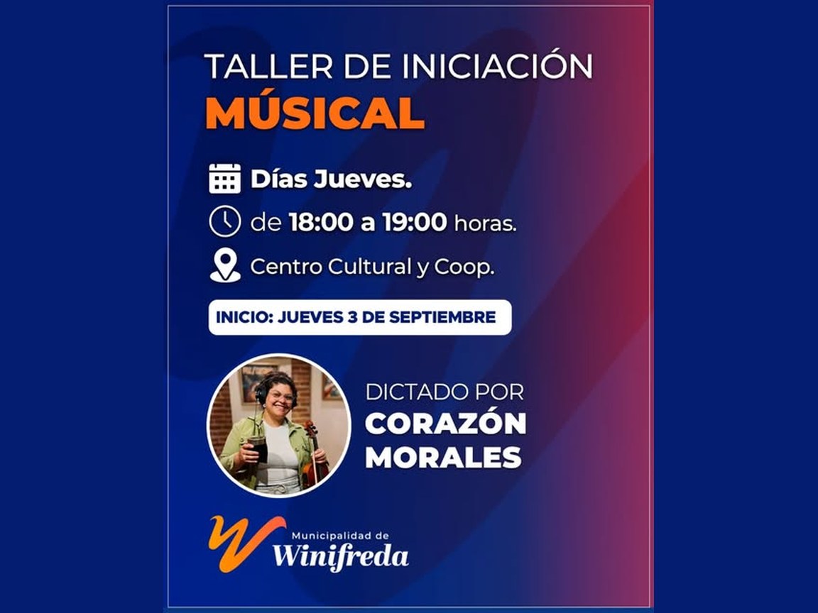 Afiche del Taller de Iniciación Musical, dictado por Corazón Morales los jueves en el Centro Cultural