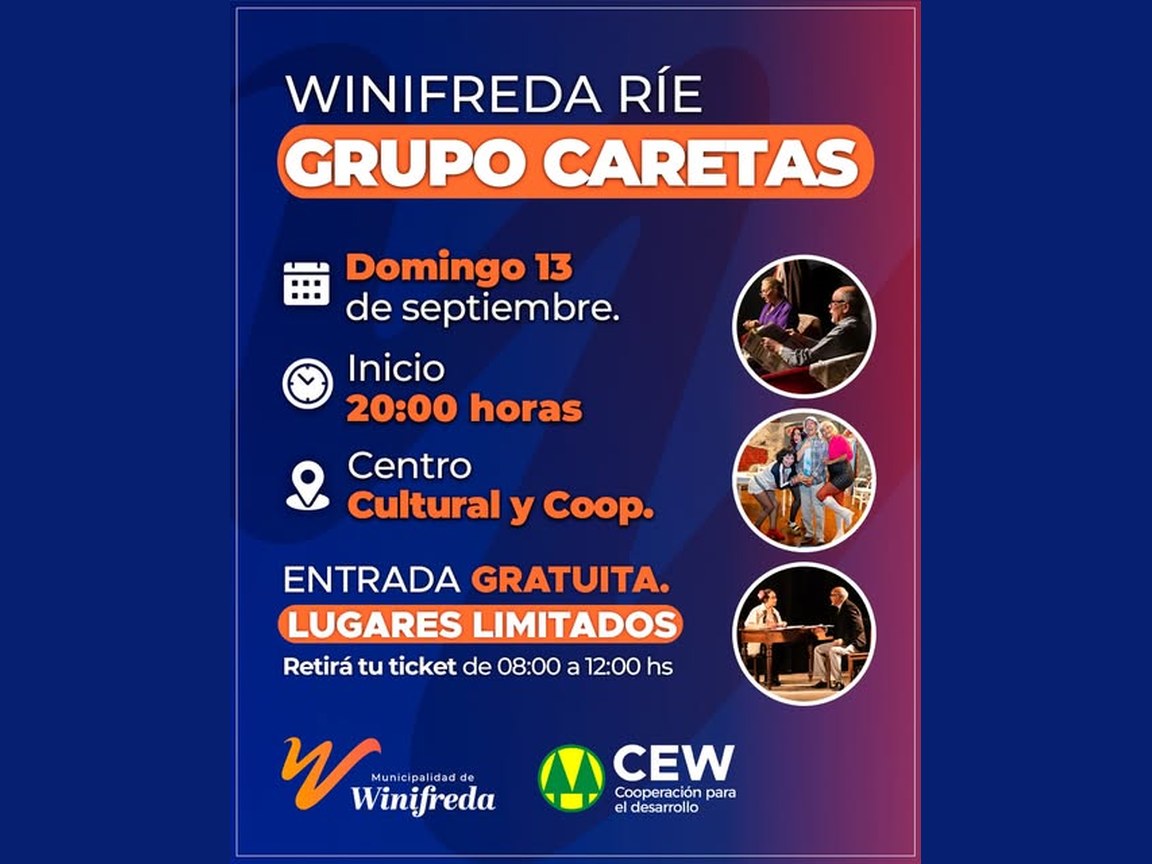 Afiche de Winifreda Ríe, noche de humor con el Grupo Caretas en el Centro Cultural y Cooperativo